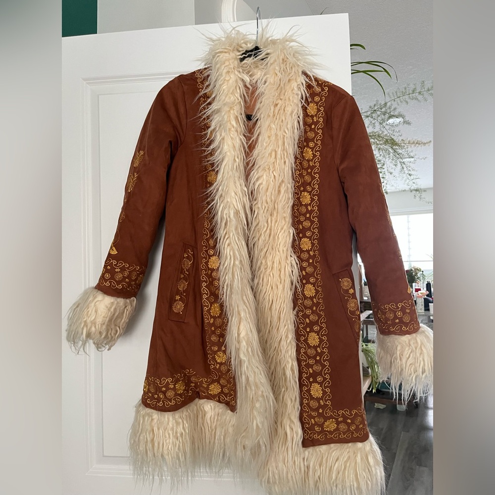 SOLD Embroidered penny lane Coat with Faux Fur Trim